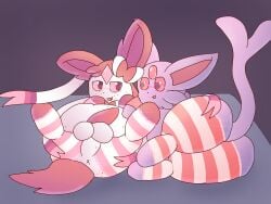 ambiguous_gender anus ass balls bedroom_eyes big_butt clothing cuddling duo eeveelution espeon eyewear fan_character feral food footwear freckles fruit generation_2_pokemon generation_6_pokemon genitals glasses hi_res legwear male nanab_berry nanabsylve narrowed_eyes nintendo nonbinary_(lore) overweight penis perineum plant pokemon pokemon_(species) pokemon_berry seductive socks sylveon thigh_highs trans_(lore)