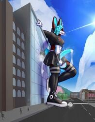2025 ambiguous_gender anthro balls big_penis bottomwear city city_destruction clothing crop_top destruction detailed_background erection erection_under_skirt extreme_size_difference femboy foot_crush footwear genitals group hi_res humanoid_genitalia humanoid_penis kolatti lagomorph legwear leporid macro male mammal penis rabbit shirt shoes size_difference skirt sky solo_focus standing stomping thick_penis thigh_highs tongue tongue_out topwear under_foot