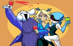 2d 2d_(artwork) 2d_artwork annoyed blush blush breasts carol_holiday clothing deltarune deltarune_chapter_2 deltarune_chapter_4 drunk fully_clothed happy medium_breasts queen_(deltarune) quiet_tomato sexy tagme toriel undertale_(series) wine wine_glass