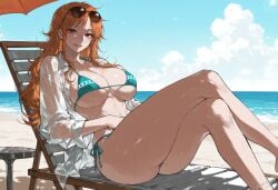 1girls ai_generated beach_background bikini crossed_legs kizirugai large_breasts looking_at_viewer nami_(one_piece) one_piece orange_hair see-through_shirt sitting_on_chair sunglasses_on_head thick_thighs