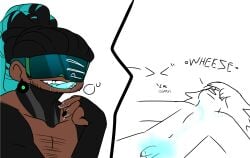 black_hair chest_hair dark-skinned_male dreadlocks flat_colors glowing_saliva glowing_tongue gradient_hair kaleb_(npetryck) licking_lips licking_teeth looking_down male meme naked oc original_character soft_cock teal_hair tongue_piercing visor_glasses what