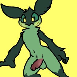 animal_humanoid antennae_(anatomy) anthro arthropod arthropod_humanoid blush blush_lines femboy genitals glowing glowing_eyes green_body green_eyes hi_res humanoid humanoid_genitalia insect_humanoid insects lepidopteran lewdylucariova lux(lewdylucariova) male monotone_background moth neck_tuft pupils solo square_pupils tuft