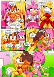 3girls amy_rose anthro bbmbbf blush breasts comic dialogue female female/female female_only french_kiss kissing masturbation mobian_(species) mobius_unleashed nipples nude palcomix pussy releasing_your_inner_wild_side_(comic) sega sex sex_toy sonic_(series) sonic_boom sonic_the_hedgehog_(series) speech_bubble sticks_the_badger strap-on threesome yuri zooey_the_fox