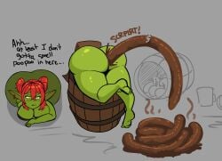 1girls alternate_version_available ass ass_bigger_than_torso ass_focus ass_out ass_up barrel big_breasts blush_lines commission english_text fat_ass goblin goblin_female huge_ass loincloth loincloth_aside lolotron pooping_on_floor scat scat simple_background stuck stuck_in_object thick_ass thick_thighs yellow_eyes
