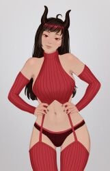 ahoge belly_button black_fingernails black_hair black_horns bnvt breasts bruneian bruneian_vtuber female hands_on_waist horns indie_virtual_youtuber indie_vtuber jakkel_draws knitted_sweater long_hair may_asakura_(bnvt) medium_breasts navel panties red_eyes red_highlights red_outfit red_panties sideboob sleeves smug smug_face tanned_skin virgin_destroyer_sweater virtual_youtuber vtuber