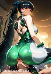 1boy 1girls ai_generated anus artist_name ass bangs belliora black_hair bodysuit breasts brown_eyes eve_(stellar_blade) female grin large_breasts long_hair looking_at_viewer looking_back patreon ponytail sitting sitting_on_face sitting_on_person smile stellar_blade straight very_long_hair
