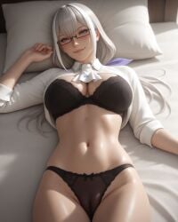 1girls ai_generated black_bra black_panties blush bra female glasses nazarena_teluzian panties purple_eyes ragna_crimson smile solo very_long_hair white_hair