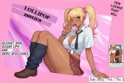 ai_assisted blonde_hair c4n3c0 cleavage dark-skinned_female dark_skin english_text female gradient_hair gyaru leg_warmers legwear lollipop magazine_cover microskirt pink_background school_uniform schoolgirl sitting solo tan_body tan_skin tanned text text_box tie tied_shirt twintails