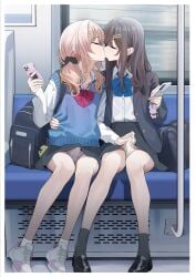 2boys absurdres adam's_apple backpack bag blonde_hair blue_bow blue_bowtie bow bowtie brown_hair bulge cellphone collared_shirt crossdressing crossdressing_(mtf) erection erection_under_clothes grey_socks handjob handjob_over_clothes highres kissing loafers long_hair male_focus multiple_boys original panties penis_grab phone plaid_clothes plaid_panties pleated_skirt polka_dot polka_dot_panties pompompurin red_bow sanrio shirt shoes sitting skirt sleeveless sleeveless_sweater smartphone sneakers socks sweater trap turisasu underwear very_long_hair white_panties white_shirt white_socks yaoi