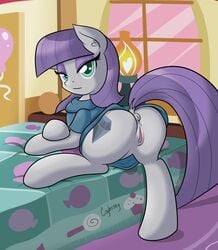 2015 anus ass bed bottomless clothing cogbrony cutie_mark earth_pony equine female female_only feral friendship_is_magic fur grey_fur hair half-closed_eyes horse indoors mammal maud_pie maud_pie_(mlp) my_little_pony pony purple_hair pussy solo