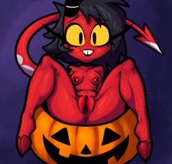 anus breasts buckteeth demon demon_girl female helluva_boss imp mexicanjoe millie_(helluva_boss) nipples nude pierced_nipples piercing piercings pumpkin pussy red_body shortstack solo