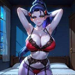1girls ai_generated armpit armpit_fetish armpit_peek armpits big_breasts big_breasts bra breasts breasts cleavage female female_focus female_only garter_belt hands_behind_head huge_boobs huge_breasts kaistar large_boobs large_breasts licking_lips lingerie looking_at_viewer milf mommy overwatch patreon ponytail purple_body purple_hair purple_skin shiny shiny_skin smile smiling smiling_at_viewer smirk solo solo_female solo_focus sweat sweatdrop sweating sweaty sweaty_body tongue tongue_out underwear wet wet_body wet_skin widowmaker yellow_eyes