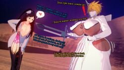 baobabz black_hair bleach bleach:_the_thousand-year_blood_war blonde_hair curvy curvy_female curvy_figure dark-skinned_female dark_skin english_text femboy giselle_gewelle light-skinned_femboy light-skinned_male light_skin smug text tia_harribel venus_body voluptuous voluptuous_female yellow_eyes