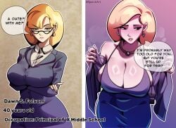 1girls arms_crossed big_breasts black_eyes blonde_hair breasts cleavage clothing coat crossed_arms dawn_s._folsom dress ear_piercing earrings english english_text eyewear female female_only fillmore glasses hair huge_breasts lips mature mature_female mature_woman milf necklace neckwear purple_dress purse solo solo_female speech_bubble sporukart teacher teacher_outfit text