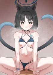 1boy absurdres animal_ears bikini bikini_bottom_aside bikini_top_lift black_eyes black_hair blue_archive blue_bikini blue_halo breasts cat_ears cat_girl cat_tail closed_mouth clothes_lift clothing_aside commentary cowgirl_position female halo highres kikyou_(blue_archive) kikyou_(swimsuit)_(blue_archive) multi-strapped_bikini_bottom multi-strapped_bikini_top multiple_tails navel nekomata nipples official_alternate_costume penis sex shirozaya short_hair small_breasts spread_legs squatting_cowgirl_position straight swimsuit tail two_tails uncensored vaginal_penetration