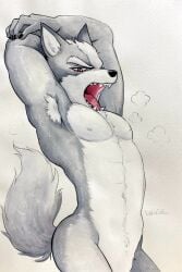 1boy abs animal_ears artist_name claws commentary completely_nude fangs furry furry_male highres looking_at_viewer male_focus nipples no_penis nude open_mouth pectorals star_fox symbol-only_commentary tail toned toned_male traditional_media ulala_ko white_background wolf_boy wolf_ears wolf_o'donnell wolf_tail yawning