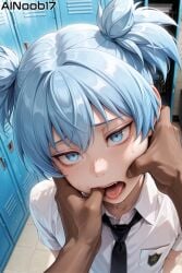 1boy 1male 2boys ai_generated ainoob17 blue_eyes blue_hair femboy finger_in_mouth grabbing_face locker_room male open_mouth otoko_no_ko otokonoko saliva school_uniform shiota_nagisa shy tagme