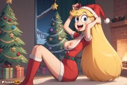 1girls ai_generated artist_name belt blonde_hair blue_eyes blush_stickers boots box breasts breasts_out christmas christmas_ornaments christmas_tree disney disney_channel disney_xd dress fireplace from_side fur_trim gift gift_box hat hi_res indoors knees_up long_hair looking_at_viewer medium_breasts night nipples open_mouth red_dress red_footwear red_headwear rule34lab santa_costume santa_hat sharp_teeth short_sleeves sitting smile snow solo star_butterfly star_vs_the_forces_of_evil teeth very_long_hair window
