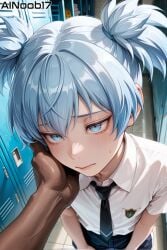 1boy 1male 2boys ai_generated ainoob17 blue_eyes blue_hair femboy locker_room male otoko_no_ko otokonoko school_uniform shiota_nagisa shy tagme touching_face