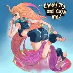 ass blue_eyes brat feet league_of_legends long_hair rainbow_hair shorts spank spanking spanking_ass zoe_(league_of_legends)