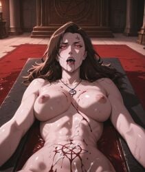 after_sex ai_generated altar batman_(series) blood blood_in_mouth blood_pool breasts brown_hair cult cum_in_mouth cum_on_body cum_on_breasts dc dc_comics demonic fangs female large_breasts lying_on_back messy_hair nude nude_female pale_skin pentagram pentagram_necklace possessed possession red_eyes seductive slit_pupils talia_al_ghul transformation vampire vampire_teeth
