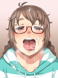 blonde_hair blush braid collarbone cum cum_on_clothes cum_on_glasses cum_on_hair cum_on_upper_body enoshima_iki facial female glasses highres hood long_hair looking_at_viewer open_mouth original pink_eyes saliva simple_background solo striped_clothes tied_hair tongue tongue_out twin_braids upper_body