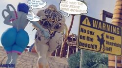 3d_(artwork) 5_fingers anthro asian_mythology asking_another ass back_tattoo big_butt bikini biped blue_clothing blue_hood blue_swimming_trunks blue_swimwear bottomwear butt_tattoo camseven clothing dialogue digital_media_(artwork) domestic_cat duo east_asian_mythology english_text epic_games felid feline felis fingers forked_tail fortnite from_behind_position fur furgonomic_bottomwear furgonomic_headwear furgonomic_hood furgonomic_swimwear furgonomics gold_body hand_on_butt hand_on_partner's_butt hi_res hood huge_butt japanese_mythology male male/male mammal meowdas mythology nekomata nyanja_(fortnite) profanity sex sign sky speech_bubble swimming_trunks swimwear tail talking_to_another tattoo text two-piece_swimsuit unusual_anatomy unusual_tail white_body white_fur yokai