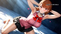 ai_generated armpits arms_behind_head arms_up barefoot blush bow breasts brown_eyes brown_hair cardigan choker closed_mouth collarbone covered_navel earrings feet female full_body gekkoukan_high_school_uniform heart jewelry kneeling large_breasts looking_at_viewer meitabuu persona persona_3 presenting_armpit shirt short_hair skirt smile solo thighs toes yukari_takeba