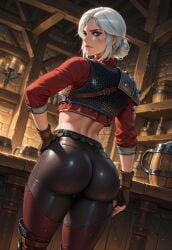ai_generated ass back_view big_ass bubble_butt cd_projekt_red ciri clothing female green_eyes light-skinned_female looking_at_viewer looking_back mascara scar solo solo_female tavern the_witcher_(series) the_witcher_3:_wild_hunt white_hair