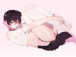 2_tone_hair beauty_mark black_hair booty_shorts bulge bulge_through_clothing crop_top dog_ears dog_tail ear_piercing fanart femboy femboy_only gomi-cake hugging_legs joei_wanko male male_only mole_under_eye mole_under_mouth multicolored_hair painted_nails pale_skin pink_and_black_hair pink_eyes pink_hair puppy puppyboy soft_shading thighhighs vtuber vtuberfanart