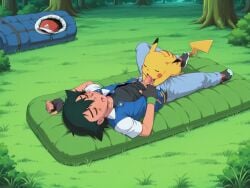 aged_up ai ai_assisted ai_generated anime anime_coloring anime_style blowjob blowjob_only blowjob_while_clothed clothed clothed_sex forest game_freak moaning morning nintendo pikachu pokemon pokephilia pokeporn satoshi_(pokemon) sleeping sleeping_bag