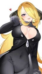 1girls big_breasts blonde_hair blue_eyes busty cleavage cynthia_(pokemon) game_freak hair_over_one_eye heart light-skinned_female light_skin looking_down pokemon white_background yasaikakiage