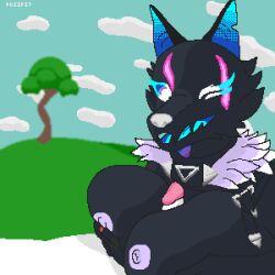 absurd_res anthro big_breasts big_nipples black_body black_fur blinking breast_play breasts canid canine canis ears_up epic_games facial_scar female fortnite fortnite:_battle_royale fur genitals hi_res highwire mammal nipples penis priipit ring_(jewelry) scar sex solo thick_penis titjob wolf