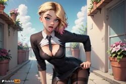 1girls ai_generated alternate_legwear artist_name asymmetrical_hair black_bra black_necktie blonde_hair blue_eyes bra breasts cleavage clothes_lift cloud day eyebrow_piercing flower gwen_stacy gwen_stacy_(spider-verse) hi_res leaning_forward looking_at_viewer marvel marvel_comics medium_breasts multicolored_hair necktie open_mouth outdoors panties panties_under_pantyhose pantyhose patreon_logo patreon_username piercing pink_hair pink_hair_tips plant rule34lab short_hair sidecut sky solo spider-gwen spider-man_(series) spider-woman spider_girl thighband_pantyhose tongue tongue_out undercut underwear web_address younger_female