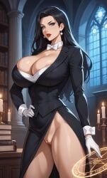 1girls ai_generated black_hair blue blue_eyes breasts coat curvaceous curvaceous_body curves curvy curvy_body curvy_female curvy_figure dc dc_comics fantasy female female_only hourglass_figure huge_breasts light-skinned_female magic magician mature solo voluptuous voluptuous_female young_justice zatanna zatanna_zatara
