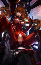 asuka_langley_sohryu blue_eyes bodysuit breasts clothing cockpit entry_plug female female_only gesture human long_hair medium_breasts navel neon_genesis_evangelion nipples ohayou_girls orange_hair pilot_suit plugsuit pussy pussy_juice selfie solo unzipped v