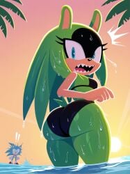 ai_assisted ai_generated ass bonsoirdude butt sharp_teeth sonic_(series) sonic_the_hedgehog surge_the_tenrec swimsuit thighs water wet
