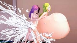 2girls 3d blonde_hair blush braid breasts brown_hair closed_eyes comic completely_nude cumflation female female_ejaculation futa_with_female futanari glynda_goodwitch green_eyes green_hair inflation intersex koikatsu long_hair medium_breasts multicolored_hair multiple_girls neo_(rwby) nipples nude open_mouth pink_hair pointy_ears purple_hair rwby small_breasts splashing standing stomach_bulge tagme tongue tongue_out virusb90 water yuri
