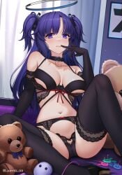 1girls alternate_costume bare_shoulders black_bra black_choker black_gloves black_panties blue_archive blush bow bra breasts choker curtains elbow_gloves female finger_to_mouth garter_belt gloves halo hand_on_own_face indoors jurrig lace_trim large_breasts lingerie long_hair looking_at_viewer navel on_bed panties pillow purple_eyes purple_hair ribbon sitting solo stomach stuffed_animal stuffed_toy thighhighs two_side_up underwear underwear_only window yuuka_(blue_archive)