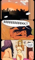 2023 4_breasts 4_nipples allsass areola ass blonde_hair blue_eyes breasts colored comic dialogue duo english_text female front_view hair hand_on_head hi_res human human_only inside looking_down_at_self lying mammal multi_breast multi_nipple navel nipples not_furry nude on_side purple_hair rear_view shaded sleeping speech_bubble standing stilettopink sunrise text vulva watsup