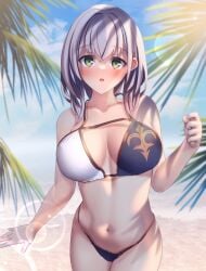 1girls bare_arms bare_belly bare_chest bare_hands bare_hips bare_legs bare_midriff bare_navel bare_shoulders bare_skin bare_thighs beach belly belly_button bikini bikini_bottom bikini_only bikini_top blue_sky blush blush_face blushing_female breasts breasts_apart busty busty_female busty_girl clouds coast collarbone day daylight daytime exposed_arms exposed_belly exposed_chest exposed_hips exposed_legs exposed_midriff exposed_navel exposed_shoulders exposed_skin exposed_thighs eyebrows_visible_through_hair female female_focus female_only fingers green_eyes green_eyes_female grey_eyebrows grey_hair grey_hair_female groin hair_between_eyes halterneck high_resolution highres hololive large_breasts lean_figure looking_at_viewer medium_hair midriff narrow_waist navel ocean outdoor outdoors outside sand sea seaside shirai_yu shirogane_noel shoulders sky slender_body slender_waist slim_waist solo standing string_bikini swimsuit swimwear thighs upper_body