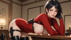 1girls ada_wong ai_generated aurora4rt bangs black_footwear black_gloves black_hair boots breasts breasts_out female gloves gun handgun high_heel_boots high_heels holster indoors large_breasts looking_at_viewer nipples resident_evil short_hair solo sweater thigh_boots thigh_holster thighhighs weapon