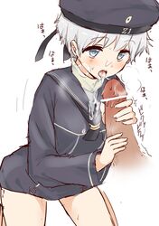 1boy bandana beret blush cassandra_(seishun_katsu_sando) cum cum_in_mouth cum_on_clothes facial fellatio female hat kantai_collection neckerchief no_legwear no_pants open_mouth oral sailor_collar short_hair silver_eyes small_breasts solo_focus white_hair z1_leberecht_maass_(kantai_collection)