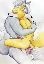 2boys anal animal_ears artist_name claws closed_mouth completely_nude cum cum_in_ass ejaculation english_commentary fangs fox_boy fox_ears fox_mccloud fox_tail from_side furry furry_male furry_with_furry highres hug male_focus multiple_boys nude open_mouth profile star_fox tail traditional_media ulala_ko white_background wolf_boy wolf_ears wolf_o'donnell wolf_tail yaoi