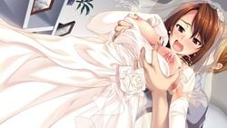 areolae blush breast_grab breasts breasts_out bridal_veil bride brown_hair earrings elbow_gloves female game_cg highres hozumi_kaoru huge_breasts ichinose_natsumi itsu_made_mo_musuko_no_mama_ja_irarenai! jewelry lactation looking_at_viewer male milf milk nipples open_mouth red_eyes short_hair solo_focus standing wedding_dress