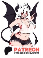 bandaged_arm belly_button big_breasts black_hair black_nail_polish black_nails blaire_rune blairevt body_markings booty_shorts breasts cleavage clothing crop_top crop_top_overhang demon_horns demon_tail demon_wings hand_on_hip horns indie_virtual_youtuber jean_shorts large_breasts looking_at_viewer loose_clothes nonbinary open_mouth patreon patreon_logo patreon_url pointing pubic_tattoo red_eyes red_stripes see-through see-through_clothing see-through_shirt see-through_top short_hair sideboob silhouette smug spiked_collar striped_body tail thong_straps transparent virtual_youtuber vtuber white_hair wings