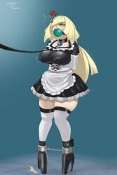 1girls anger_vein angry ankle_monitor arms_behind_back arms_tied ball_gag ballet_boots beast_ball blonde_hair breasts commission female gag gagged game_freak green_eyes hi_res kittsri999 leash lusamine_(pokemon) maid maid_apron maid_outfit maid_uniform nintendo pokemon pokemon_sm solo_female thick_thighs thighhighs thighs vibrator vibrator_under_clothes