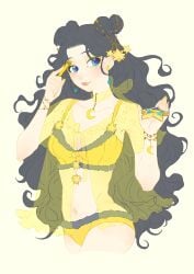 1990s_(style) alluring applying_makeup applying_own_makeup bishoujo_senshi_sailor_moon black_hair blue_eyes bra bracelet crescent earrings eyeshadow female female_focus hair_bun hair_ornament jewelry lipstick long_hair luna_(sailor_moon) luna_(sailor_moon)_(human) makeup medium_breasts panties personification retro_artstyle single_hair_bun smile star_(symbol) star_hair_ornament underwear underwear_only white_background yangyieva yellow_bra yellow_panties
