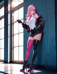 ai_assisted ai_generated battle_academia_katarina battle_academia_series blue_eyes exposed_shoulders hair_over_one_eye high_heels jacket katarina_du_couteau league_of_legends long_hair mismatched_legwear necktie oujisan patreon patreon_url patreon_username pink_hair self_upload skirt smoking_cigarette stockings tagme white_shirt