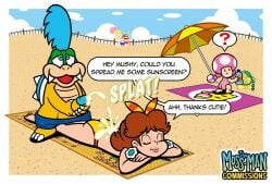 beach beach_towel beach_umbrella closed_eyes cum cummed_on koopaling larry_koopa mario_(series) nintendo onomatopoeia pants_around_ankles pants_down princess_daisy public public_indecency speech_bubble speech_bubbles style_emulation style_imitation style_parody swimsuit swimwear text toadette unaware